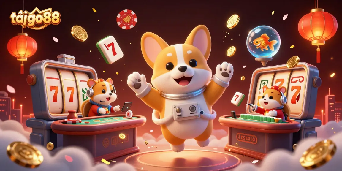 Join the fun at tải go88 with a playful corgi astronaut in a vibrant casino-themed scene.