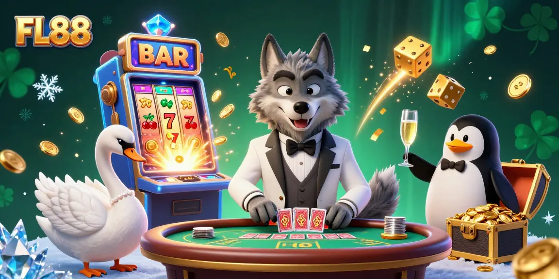 Experience the excitement of FL88 casino with vibrant characters and dynamic gaming elements in a luxurious setting.