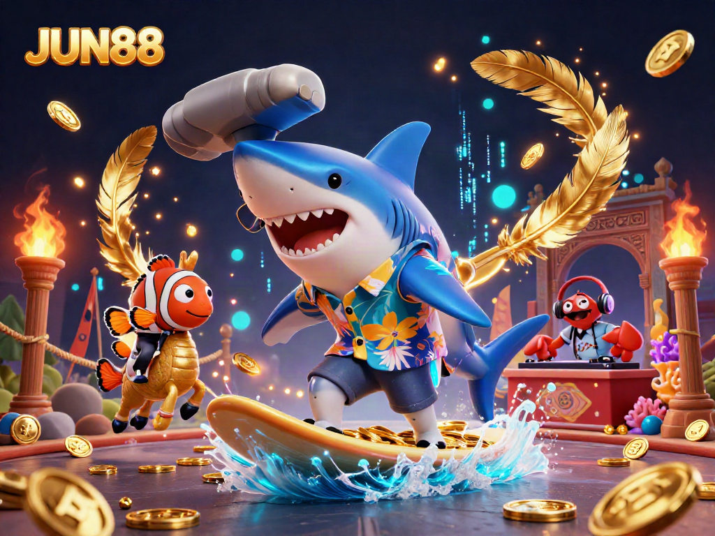 Experience the excitement of JUN88 with dynamic characters surfing on gold coins, showcasing thrilling gaming elements.