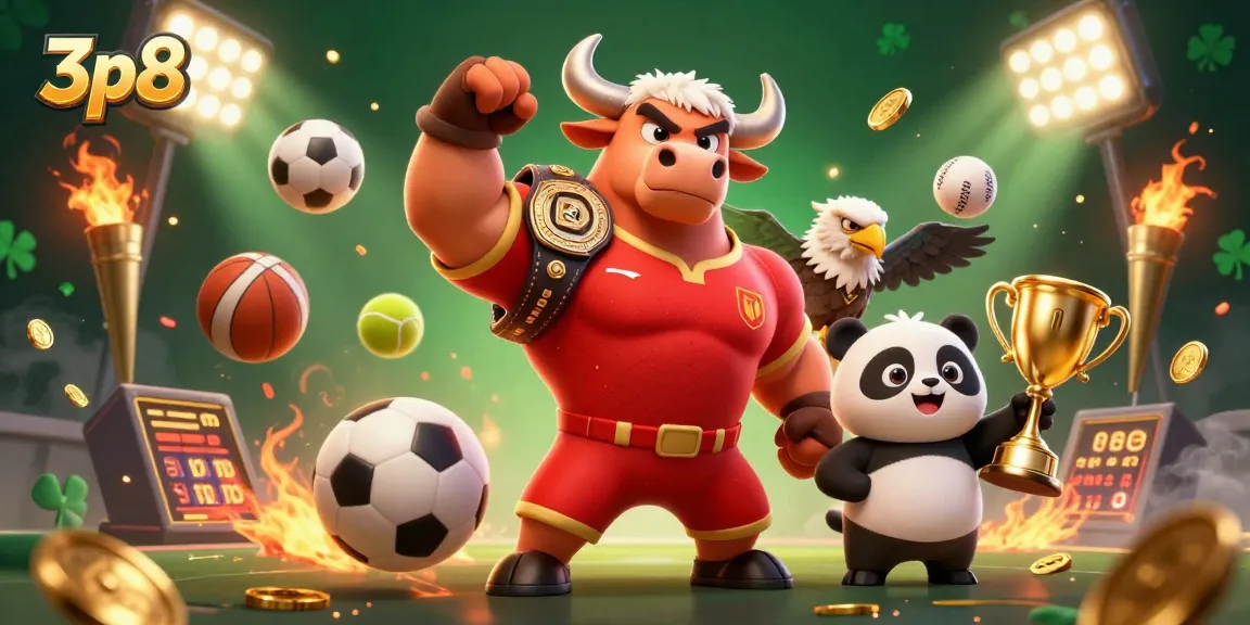 Experience betting excitement with 3p8, featuring a bull mascot and a trophy celebration!