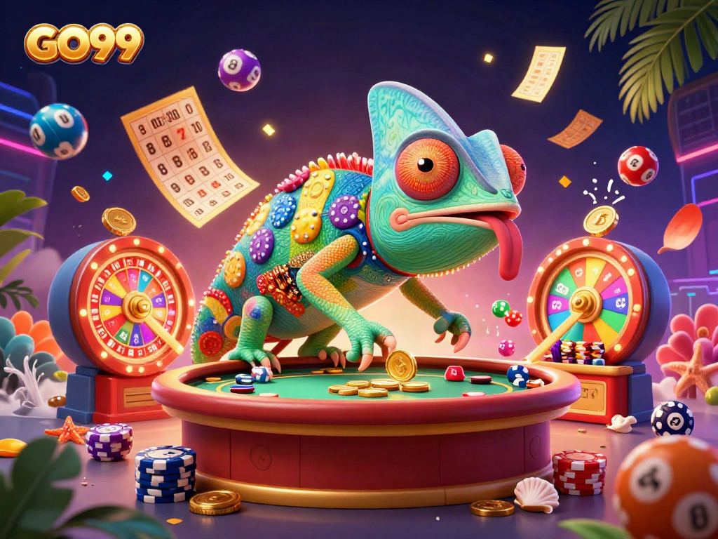Experience GO99's vibrant casino scene with a colorful chameleon owner among dynamic gaming elements.