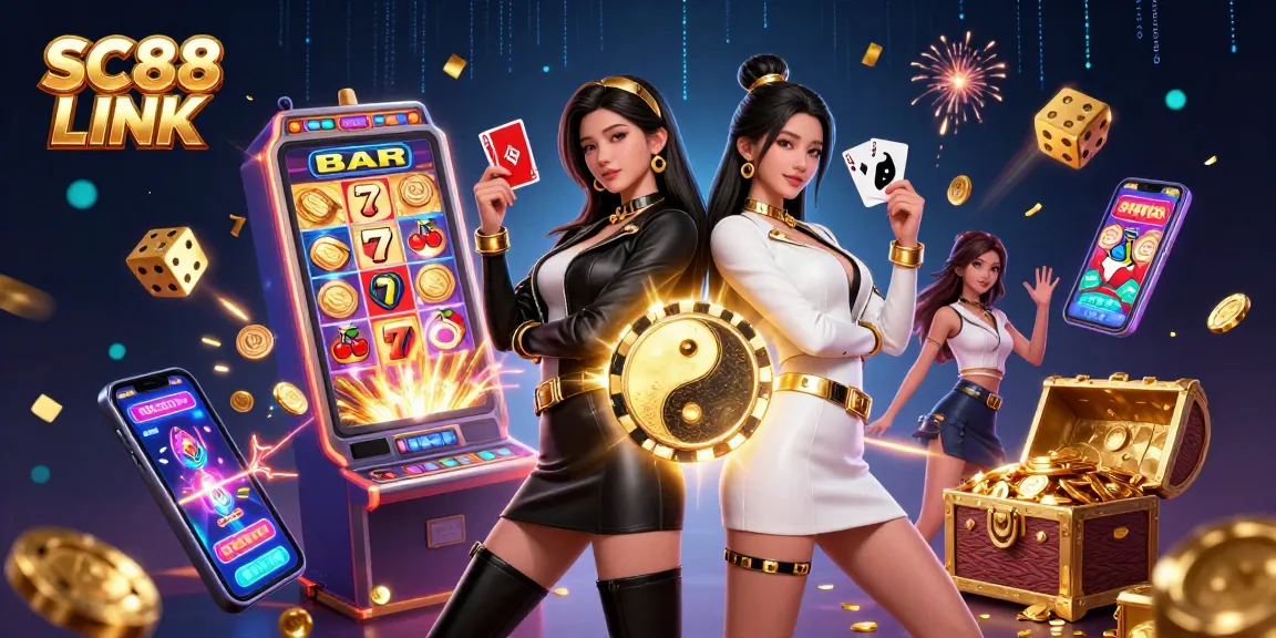 Experience SC88 LINK with vibrant twin characters in a dynamic casino scene showcasing excitement and winning.
