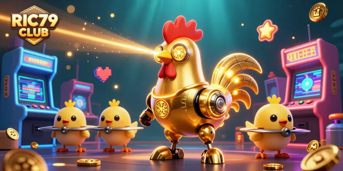 Experience the excitement of RIC79 CLUB with a vibrant 3D casino arcade scene featuring a futuristic golden rooster, baby chick drones, and game elements.