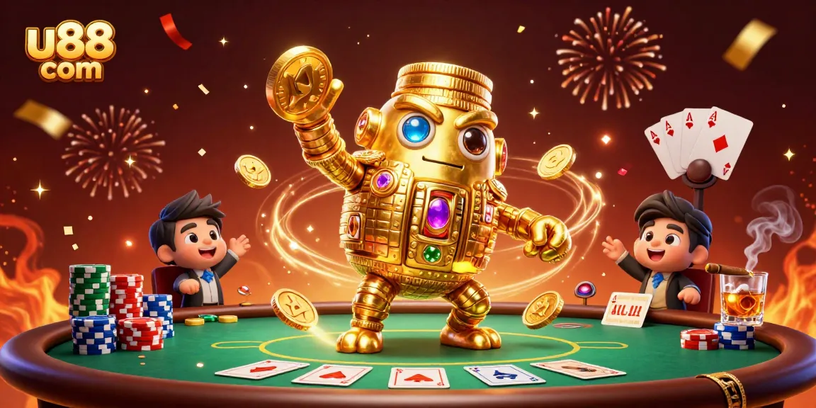 Spin to win with u88 com, featuring a golden golem in a vibrant casino scene full of poker elements.
