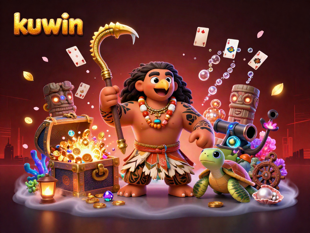 Kuwin's immersive casino scene featuring a demigod hawk and turtle amidst stunning treasures.