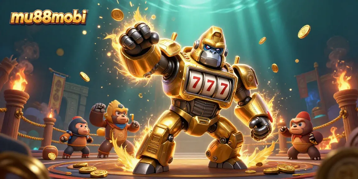 Experience thrilling gaming with mu88mobi's dynamic golden gorilla mech in a lively casino scene.