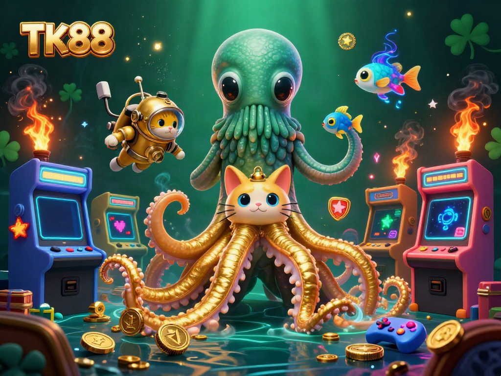 Engage with TK88's vibrant gambling scene featuring kraken, diving cat, and arcade elements.