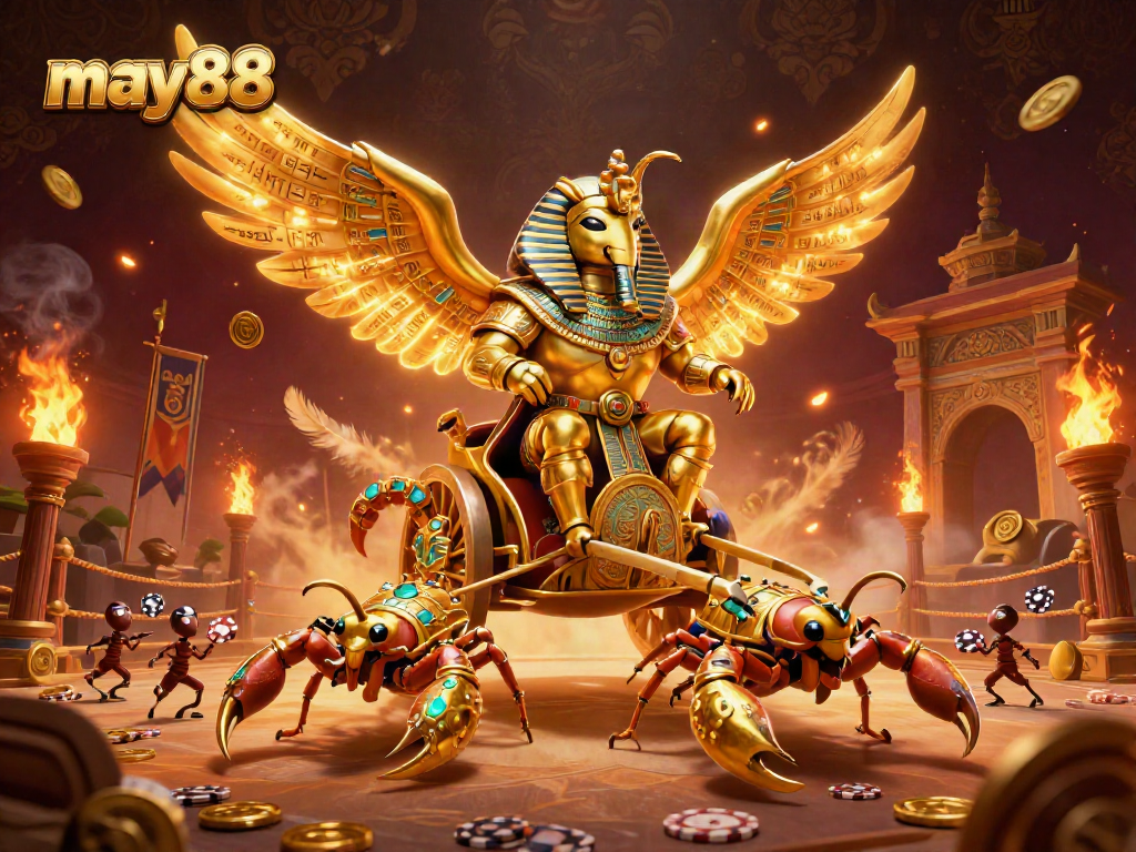 Experience may88's thrilling casino atmosphere with a golden scarab beetle and lavish gambling elements.