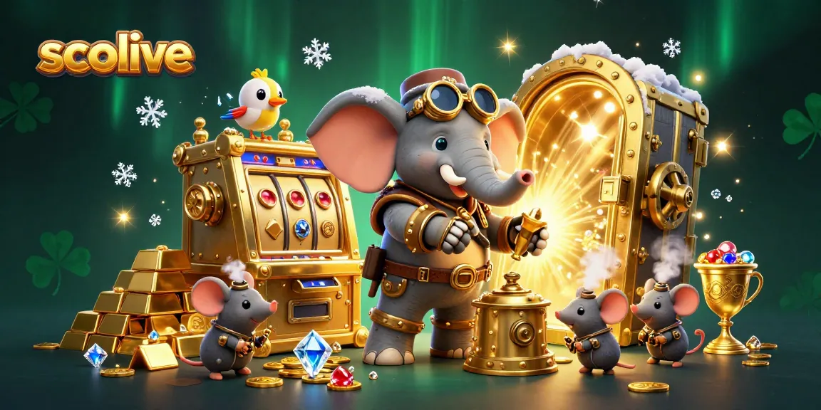 Socolive offers exciting live betting experiences with a steampunk elephant at a dynamic slot machine, surrounded by treasures.