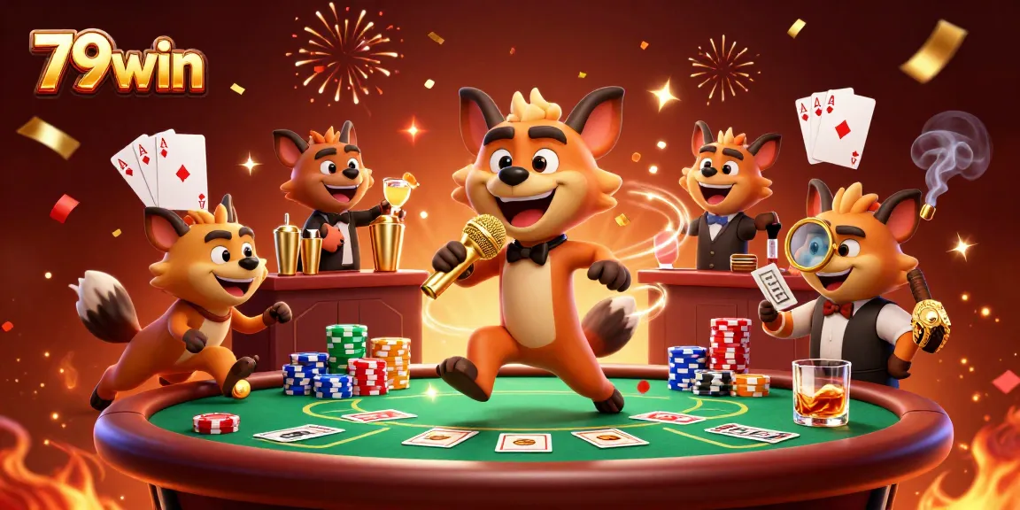 Engage in thrilling casino fun with a vibrant 79win-themed illustration featuring animated hyenas.