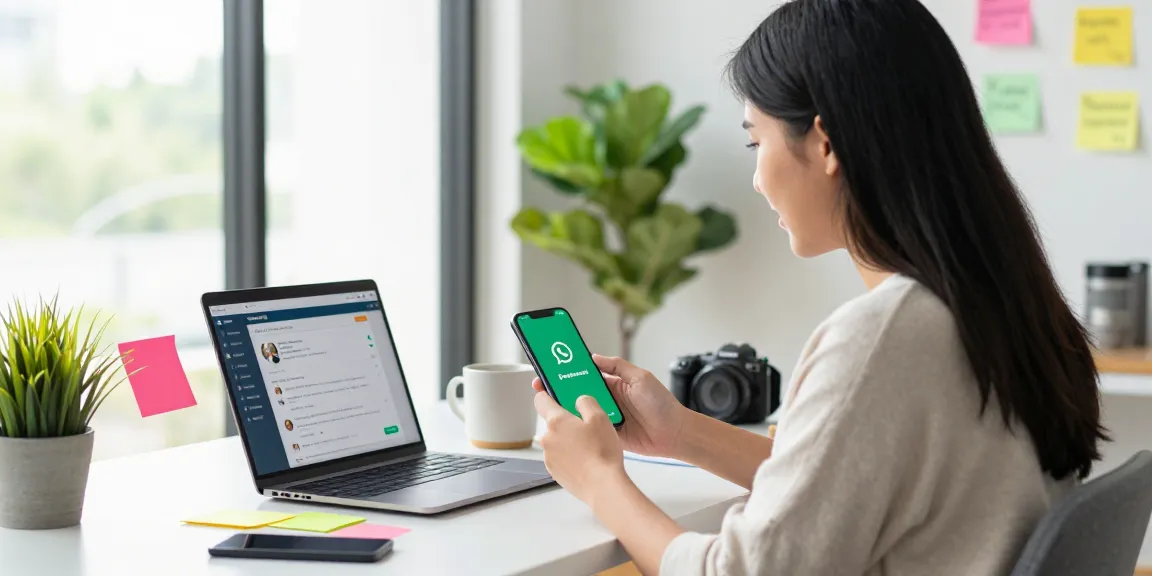 WhatsApp下載 app interface displayed on a smartphone in a modern workspace with a young woman exploring download options.