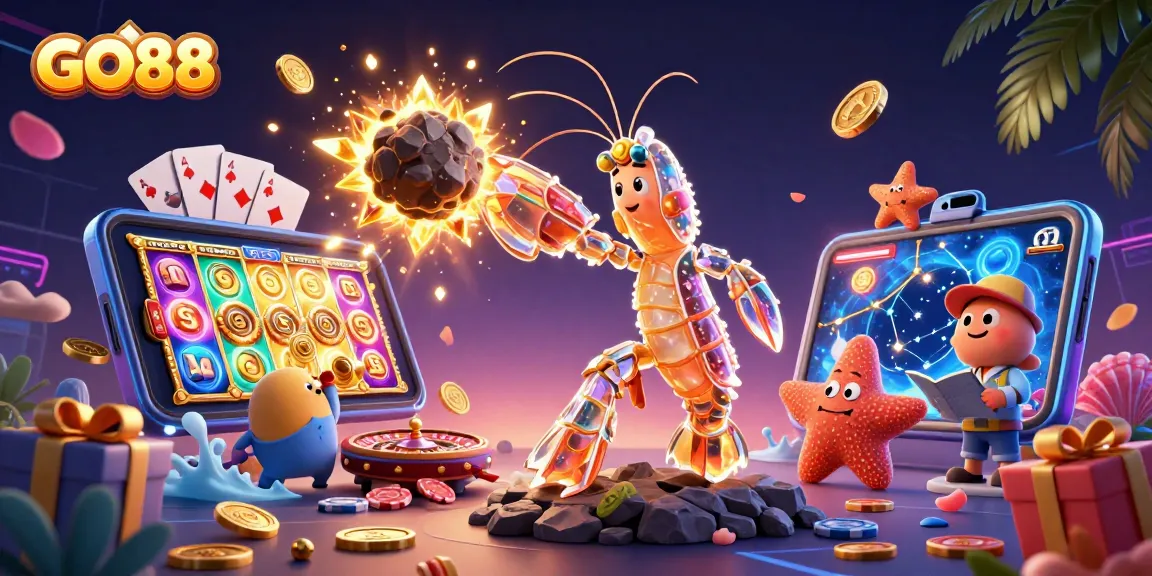 Engage with GO88's vibrant casino adventure featuring colorful slot games and dynamic 3D elements.