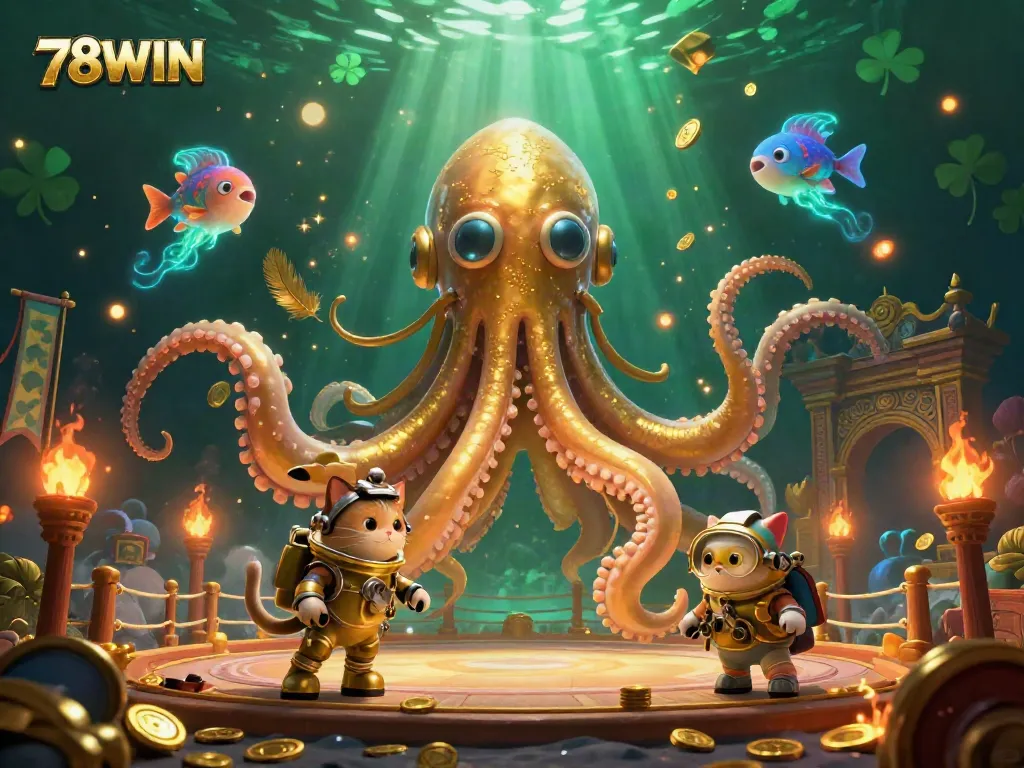 Experience thrilling gameplay with 78WIN amidst a vivid scene of a kraken and a diving cat in a lavish treasure ocean.