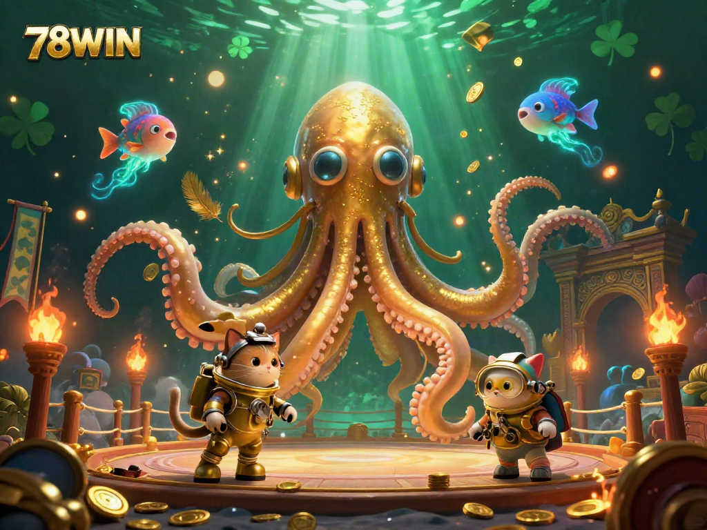 Experience thrilling gameplay with 78WIN amidst a vivid scene of a kraken and a diving cat in a lavish treasure ocean.