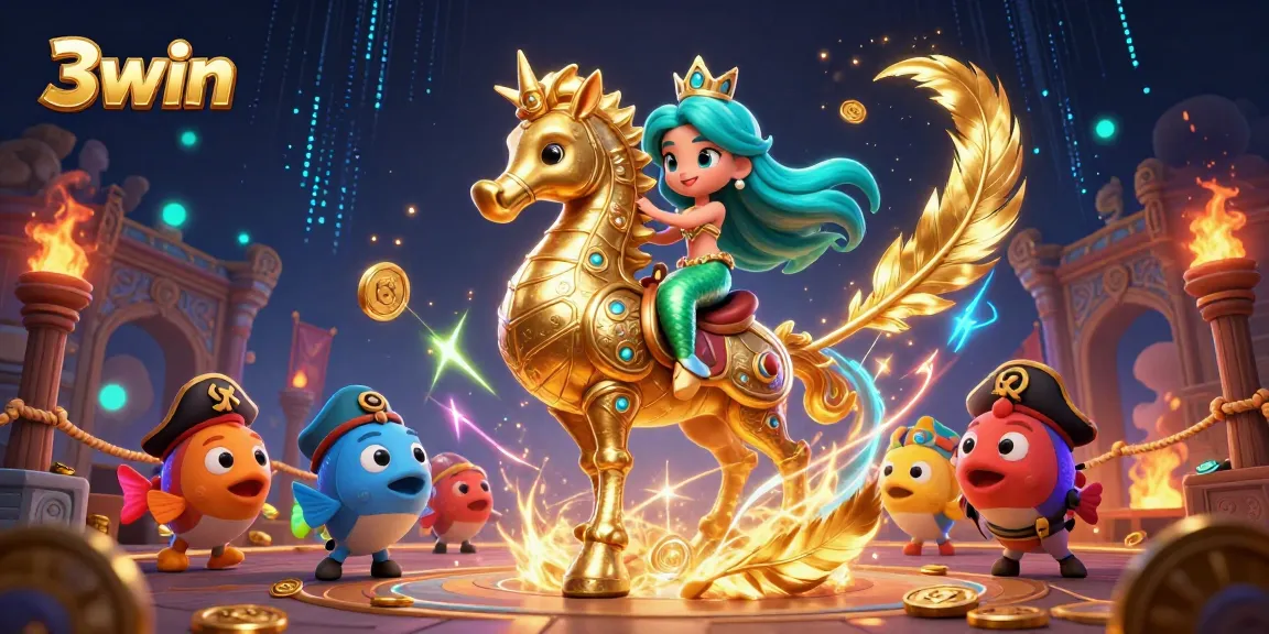 Engage with the colorful world of 3win featuring a dynamic scene with a mermaid and seahorse in a casino setting.
