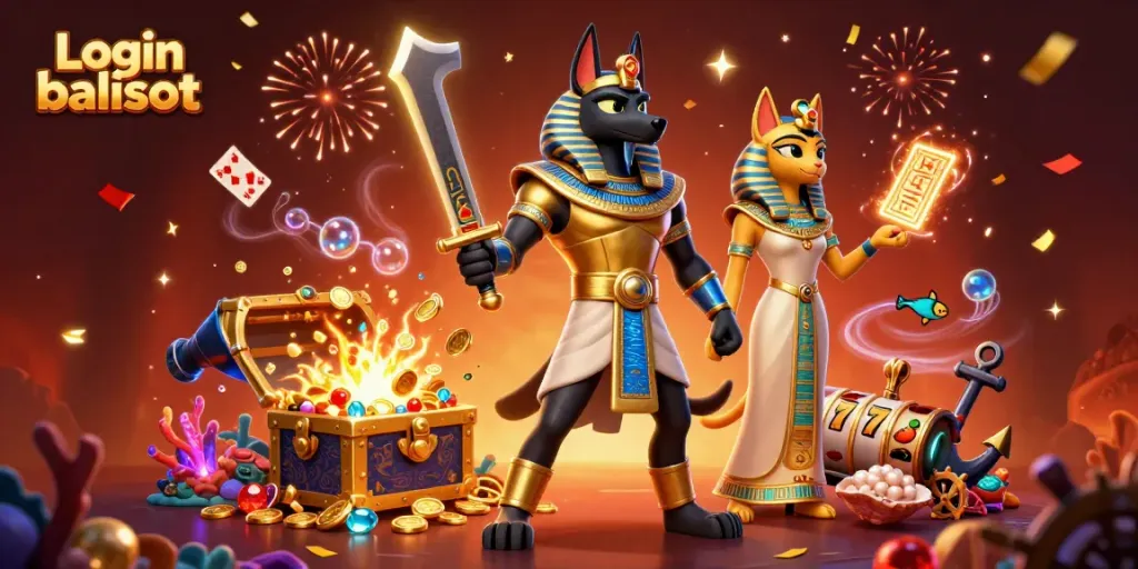 Engage in thrilling gameplay at Login balislot with Anubis and Bastet amid gold coins and vibrant slot reels.