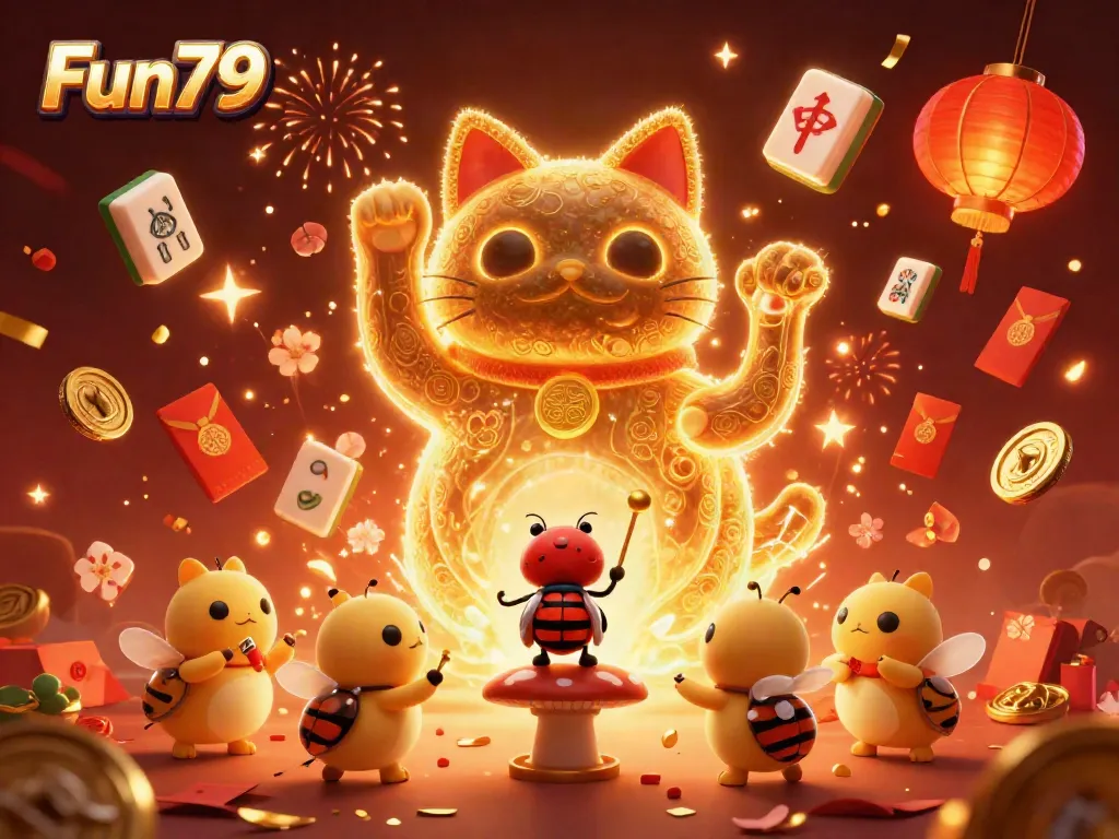Engage with Fun79's vibrant gaming world featuring a lucky cat and lively casino symbols.