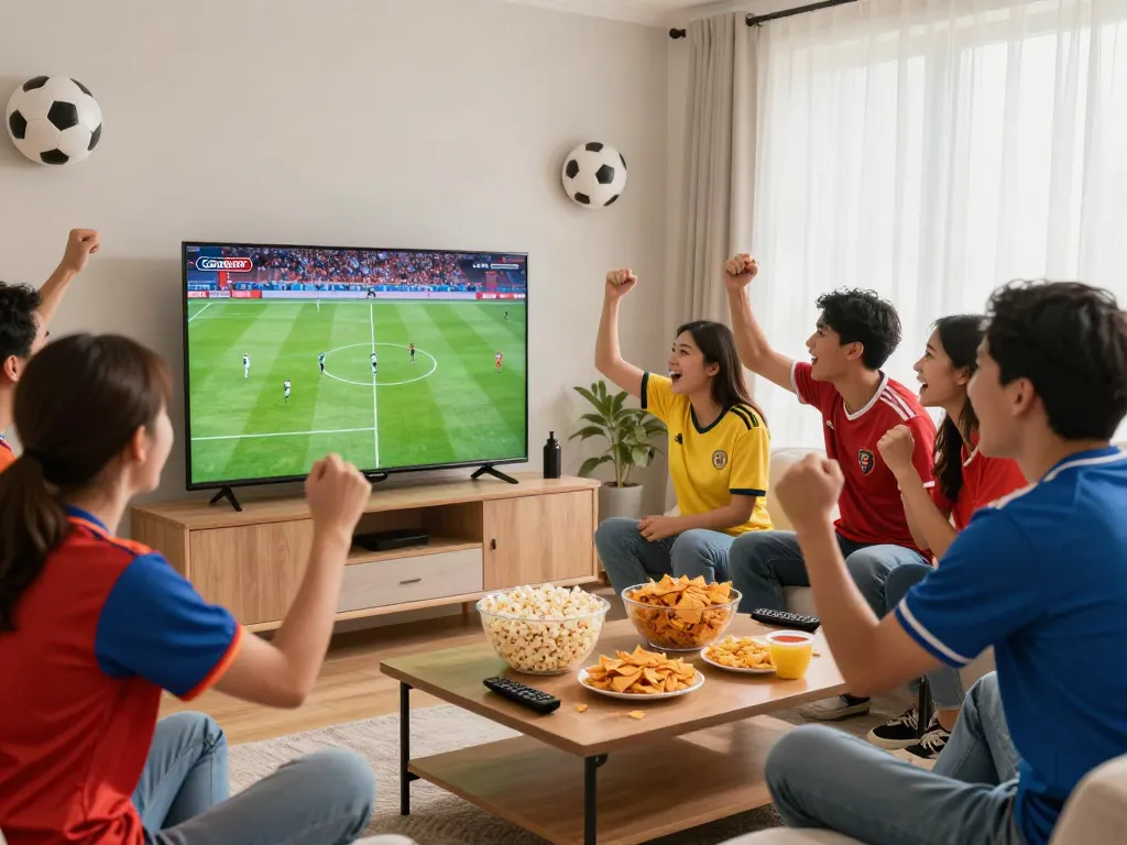 Friends enjoying a dynamic football match on Gavangtv in a cozy living room.
