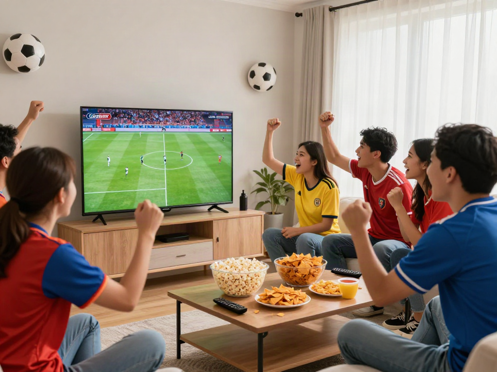 Friends enjoying a dynamic football match on Gavangtv in a cozy living room.