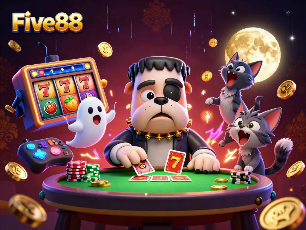 Experience the excitement of Five88 with a Frankenstein bulldog monster dealing cards at a spooky table surrounded by colorful slot reels and a ghost mouse.
