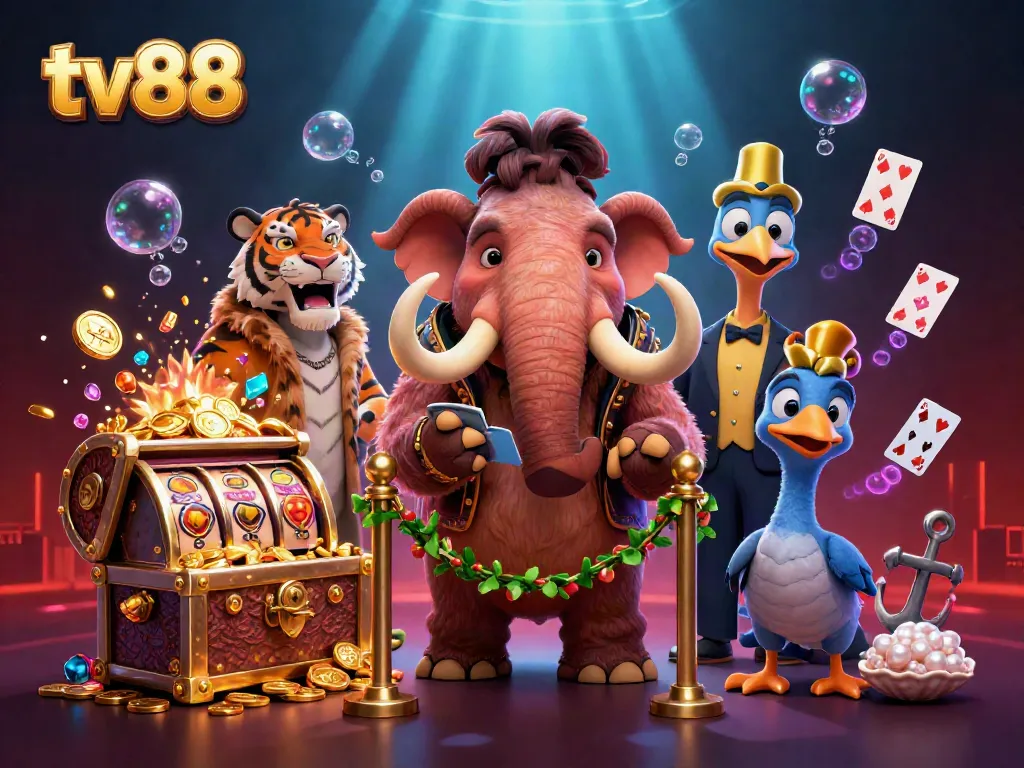 Experience thrilling gaming with TV88, featuring a mammoth bouncer, a saber-tooth VIP, and vibrant slot reels.