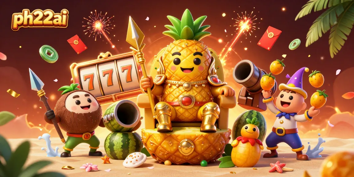 Join the ph22ai excitement as the golden pineapple king presides over a vibrant beach casino scene, celebrating big wins and luck.