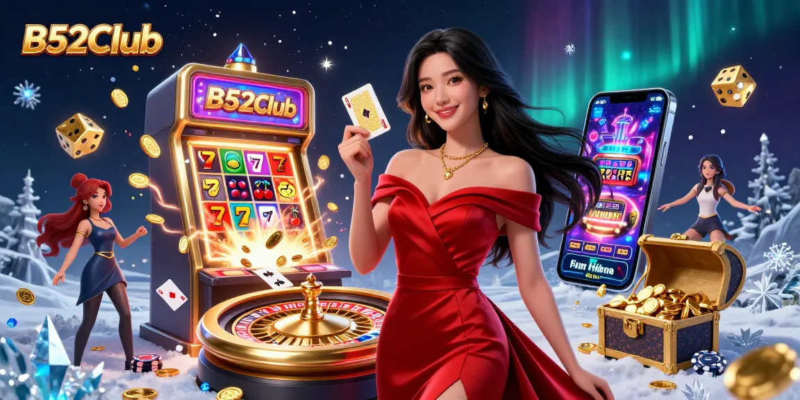 B52Club offers vibrant casino fun with stunning visuals featuring an elegant Asian woman holding a playing card.