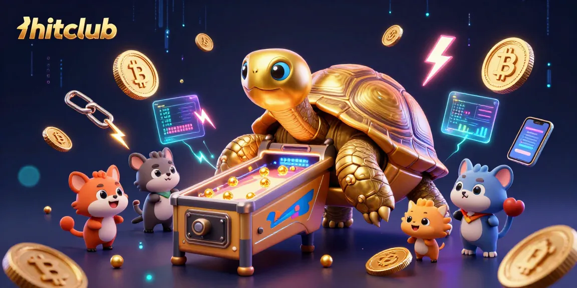 Join the hitclub adventure with golden tortoise pinball action and crypto elements in a vibrant casino scene.