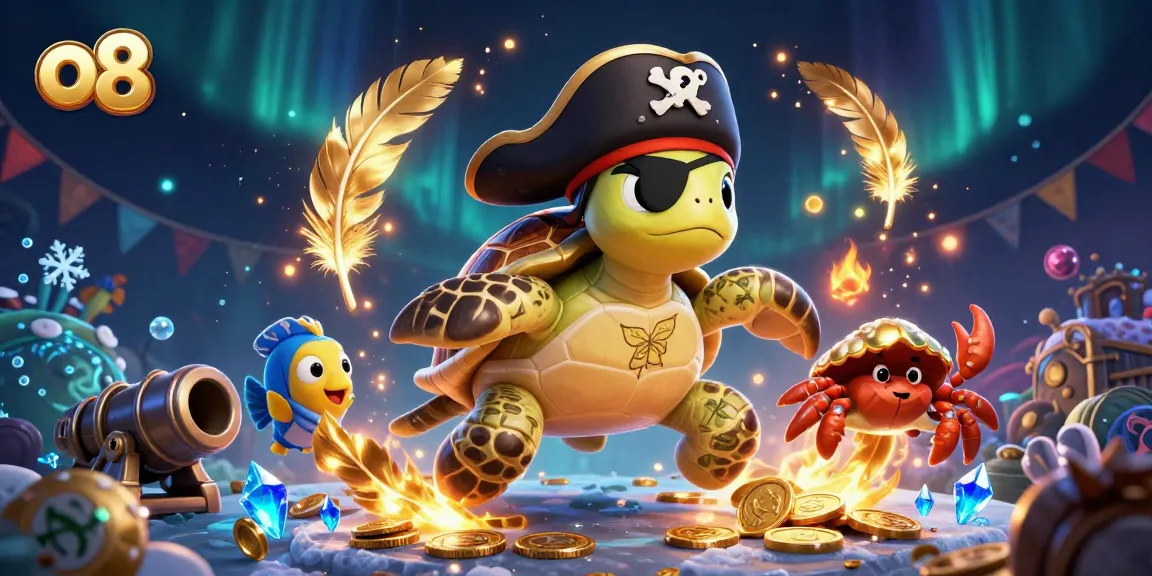 Experience the excitement of the O8 underwater casino with a pirate turtle and gaming elements.