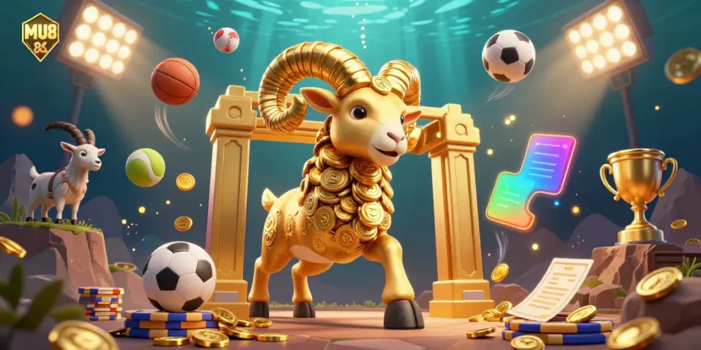 Experience the thrill of MU88 with a golden ram charging through a vibrant casino atmosphere filled with sports elements and excitement.