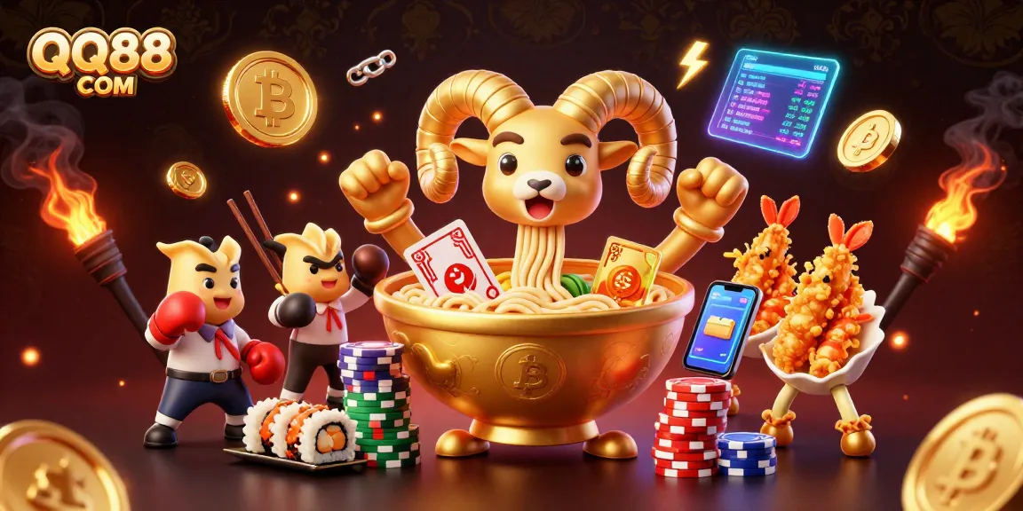 Experience excitement at QQ88 COM with dynamic characters and neon casino elements.