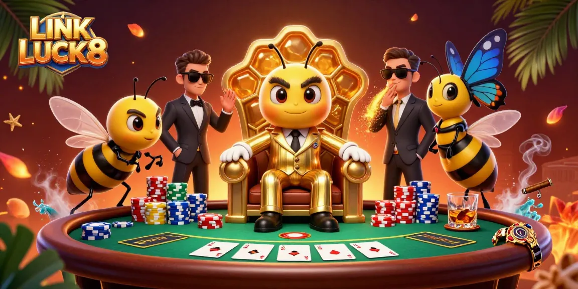 Experience LINK LUCK8 thrills with a cartoon bumblebee mob boss at a vibrant poker table.