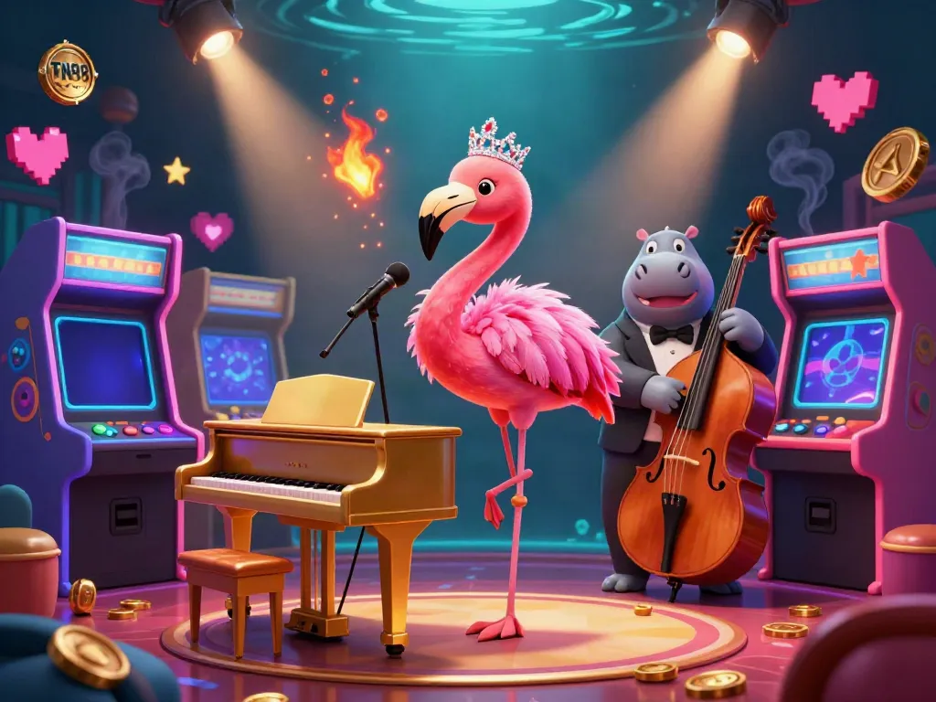 Experience the TN88 casino vibe with a flamingo singer and hippo bassist in a vibrant lounge scene.