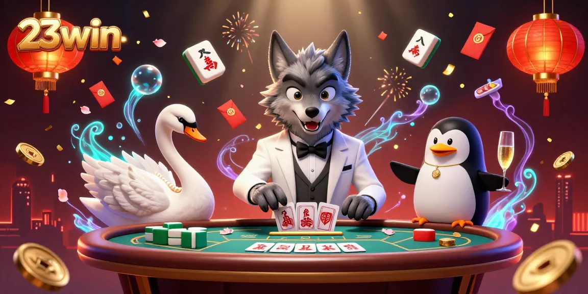 Experience the thrilling ambiance of 23win's luxurious casino, featuring engaging characters and vibrant gambling elements.
