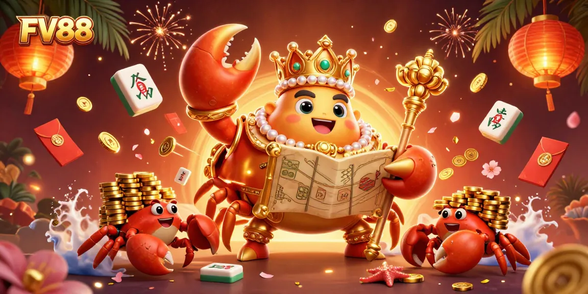 Engage in exciting gameplay at FV88 with vibrant golden crab emperor, game symbols, and festive elements.