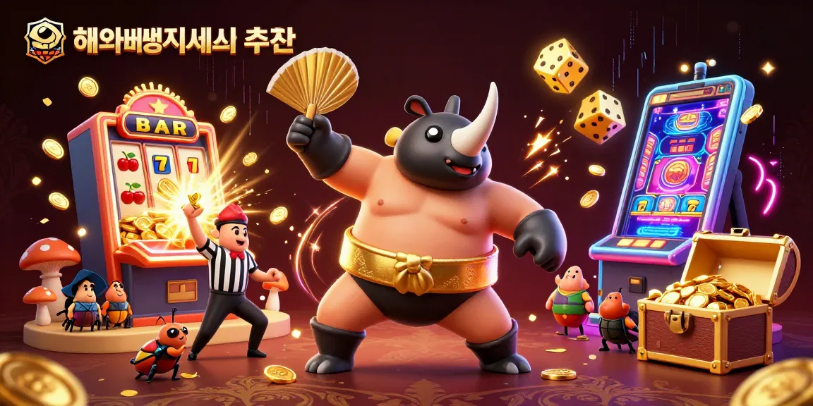 Engage in 해외배팅사이트 추천 with a thrilling scene featuring a rhinoceros beetle sumo champion and a jackpot explosion from a 3D slot machine.