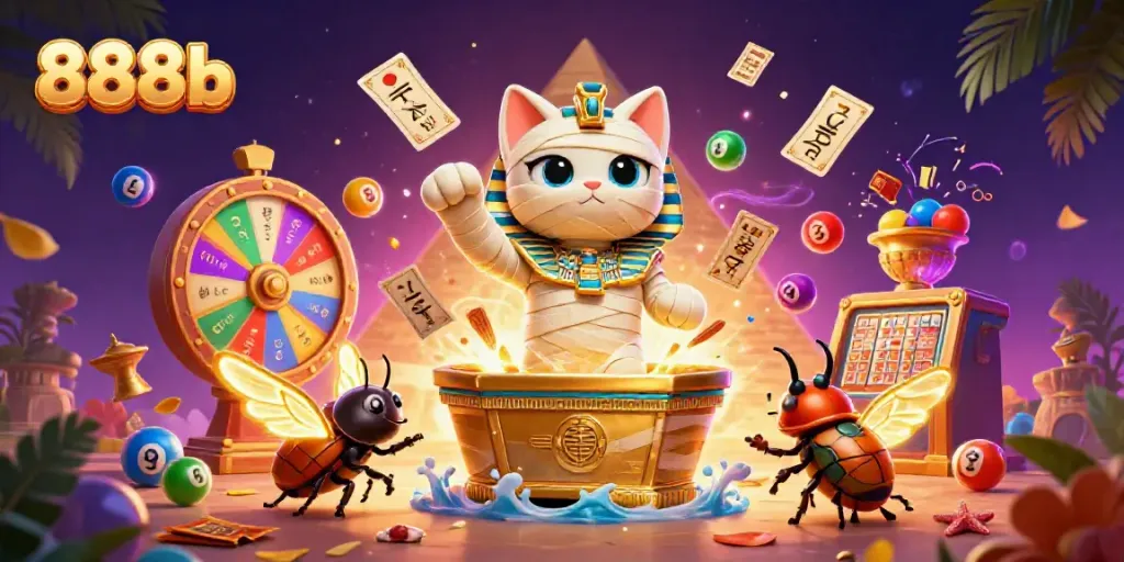 Experience thrilling adventures at 888b, where an Egyptian cat bursts from a sarcophagus amidst lively casino elements.