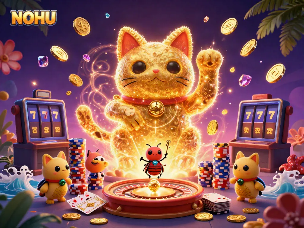 Experience the excitement of NOHU's casino world, featuring a lucky cat and vibrant game elements.