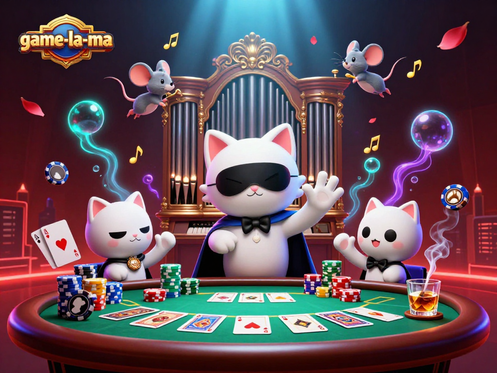 Engage with game-la-ma's thrilling poker scene featuring dynamic characters and vibrant casino elements.