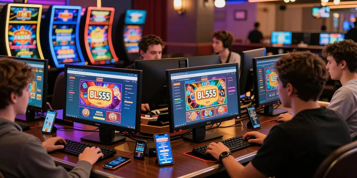 BL555 online gambling platform showcasing diverse players engaged in casino games and online betting, vibrant atmosphere.