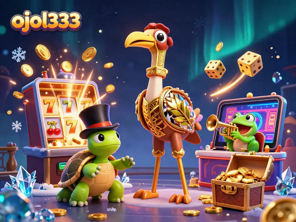 Experience the excitement of ojol333 with a vibrant casino scene showcasing a slot machine, animated characters, and festive elements.