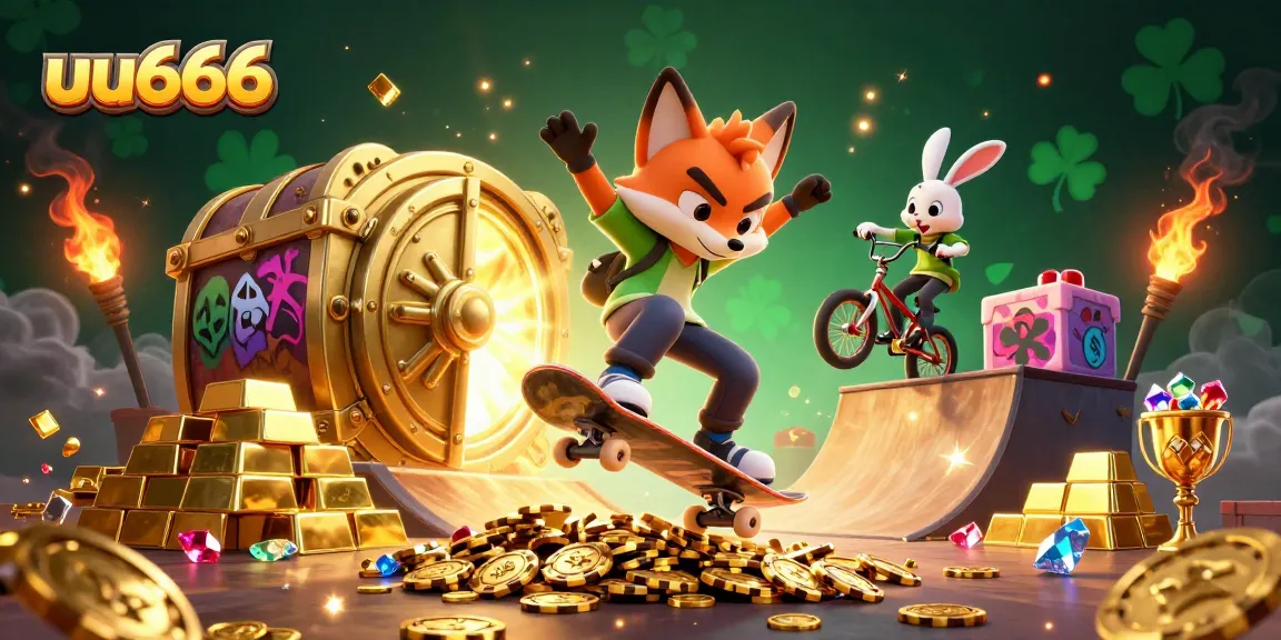 Experience thrilling wins at uu666 as a skateboarder fox leaps over golden poker chips in this vibrant online casino scene.