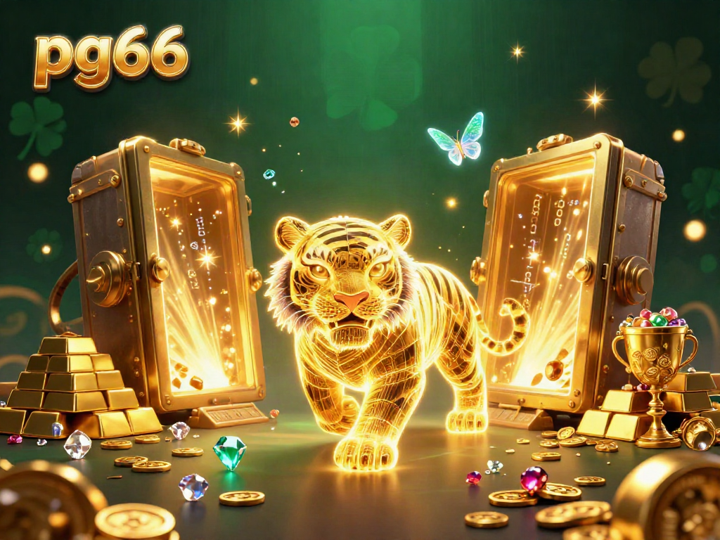 Experience the vibrant pg66 gaming world with a golden tiger and treasures in a digital casino.