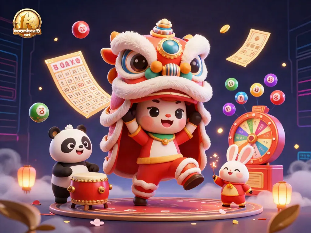 Engage with keonhacai8 art's dynamic illustration of a festive lion dance accompanied by a drumming panda and colorful lottery elements.