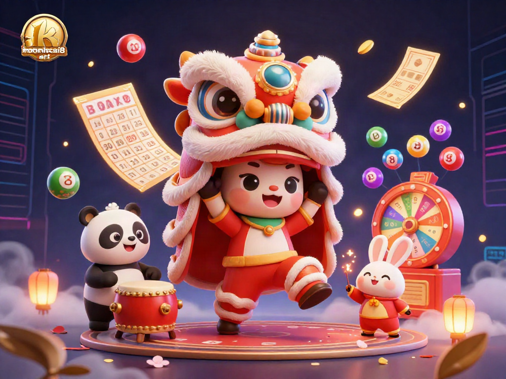 Engage with keonhacai8 art's dynamic illustration of a festive lion dance accompanied by a drumming panda and colorful lottery elements.
