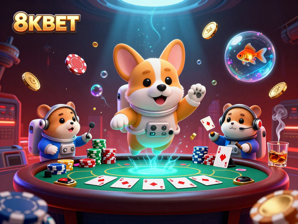 Experience the excitement of 8KBET's casino atmosphere with astronaut characters in space, floating poker elements, and vibrant graphics.