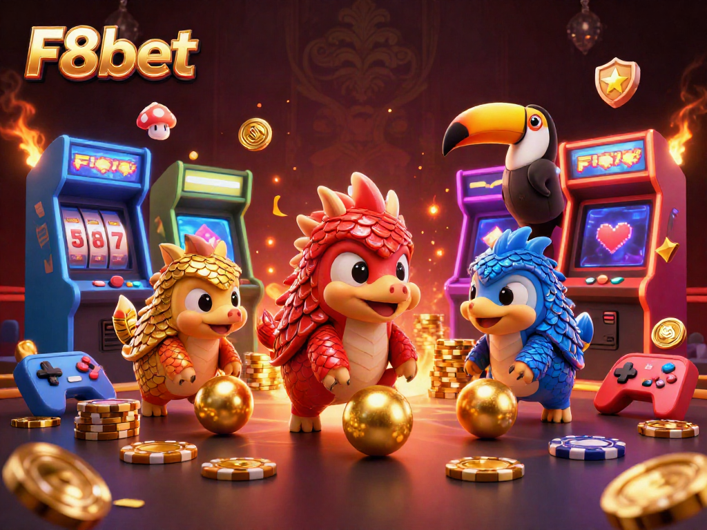 Engaging F8bet scene with animated pangolins bowling through poker chips amid colorful casino game machines.