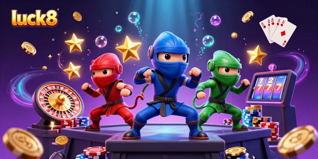Luck8 showcases a dynamic scene with chameleon ninjas performing martial arts surrounded by casino elements.