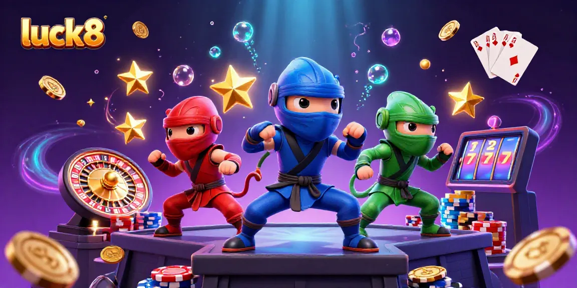 Luck8 showcases a dynamic scene with chameleon ninjas performing martial arts surrounded by casino elements.