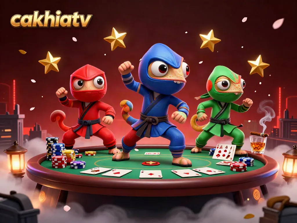 Engage with high-stakes action on cakhiatv featuring vivid chameleon ninjas and poker elements.